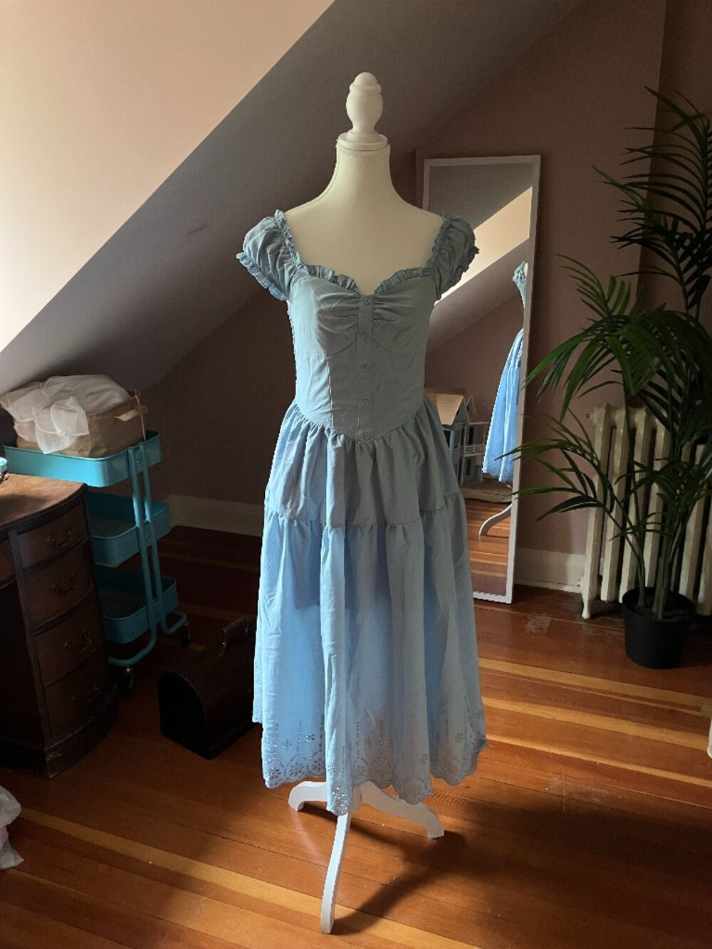 Blue cottagecore ruffle trim cap sleeve maxi dress a line princess milkmaid